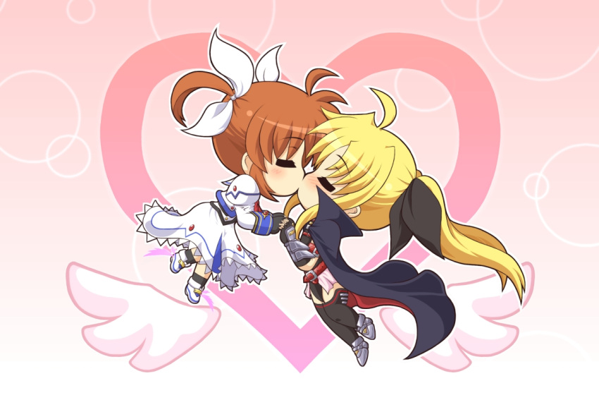 2girls belt blonde_hair blush bow brown_hair cape chibi closed_eyes commentary_request dress fate_testarossa gauntlets gem hair_ribbon hairbow heart holding_hands kano-0724 kissing long_hair lyrical_nanoha mahou_shoujo_lyrical_nanoha multiple_girls ribbon takamachi_nanoha twintails wings yuri