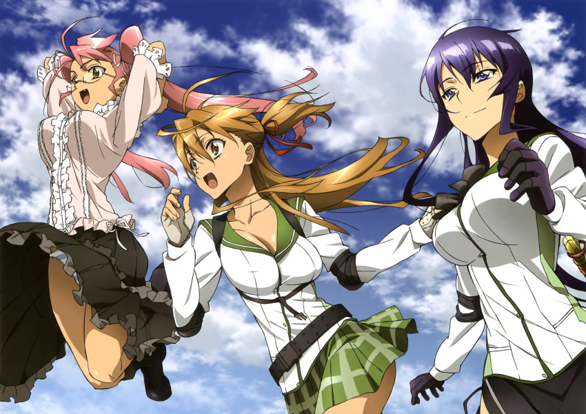 3girls breasts brown_hair busujima_saeko clouds female glasses highres highschool_of_the_dead jpeg_artifacts jumping large_breasts long_hair miyamoto_rei multiple_girls official_art open_mouth panties pink_hair ponytail purple_hair running scan seifuku skirt sky striped_panties takagi_saya tanaka_masayoshi twintails underwear