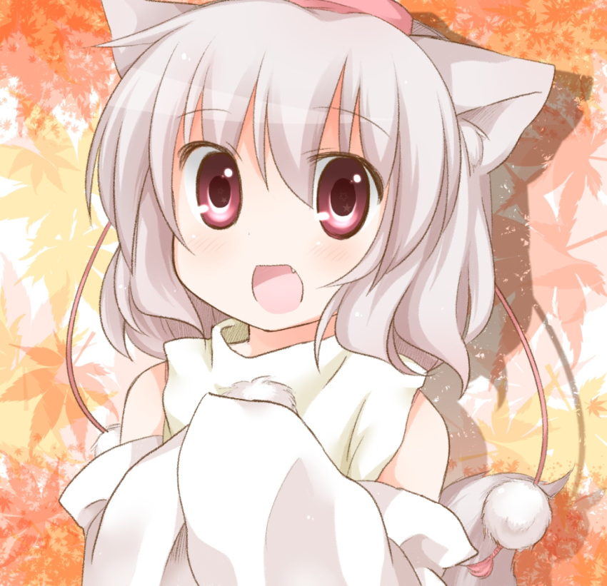 :d animal_ears bad_id bad_pixiv_id daitirumoesu detached_sleeves female hands_in_opposite_sleeves hat inubashiri_momiji leaf leaf_background maple_leaf oerba_yun_fang open_mouth red_eyes short_hair smile solo tail tokin_hat touhou upper_body white_hair wolf_ears wolf_tail