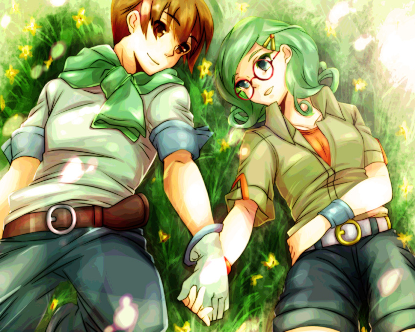 1boy belt bokujou_monogatari bokujou_monogatari:_yasuragi_no_ki brown_eyes brown_hair commentary_request couple female glasses gloves green_eyes green_hair hair_ornament hairclip holding_hands pat_(bokujou_monogatari) photoshop_(medium) purin0505 straight takeru_(bokujou_monogatari) wristband