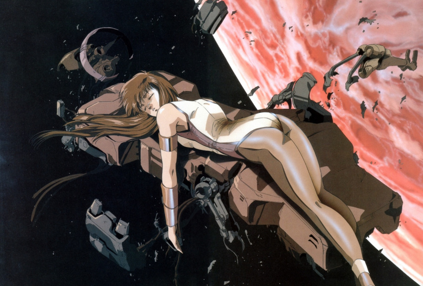 1980s_(style) armlet bodysuit bracer brown_hair closed_eyes dangaiou female hirano_toshihiro long_hair lying mia_alice official_art planet retro_artstyle science_fiction solo space spoilers