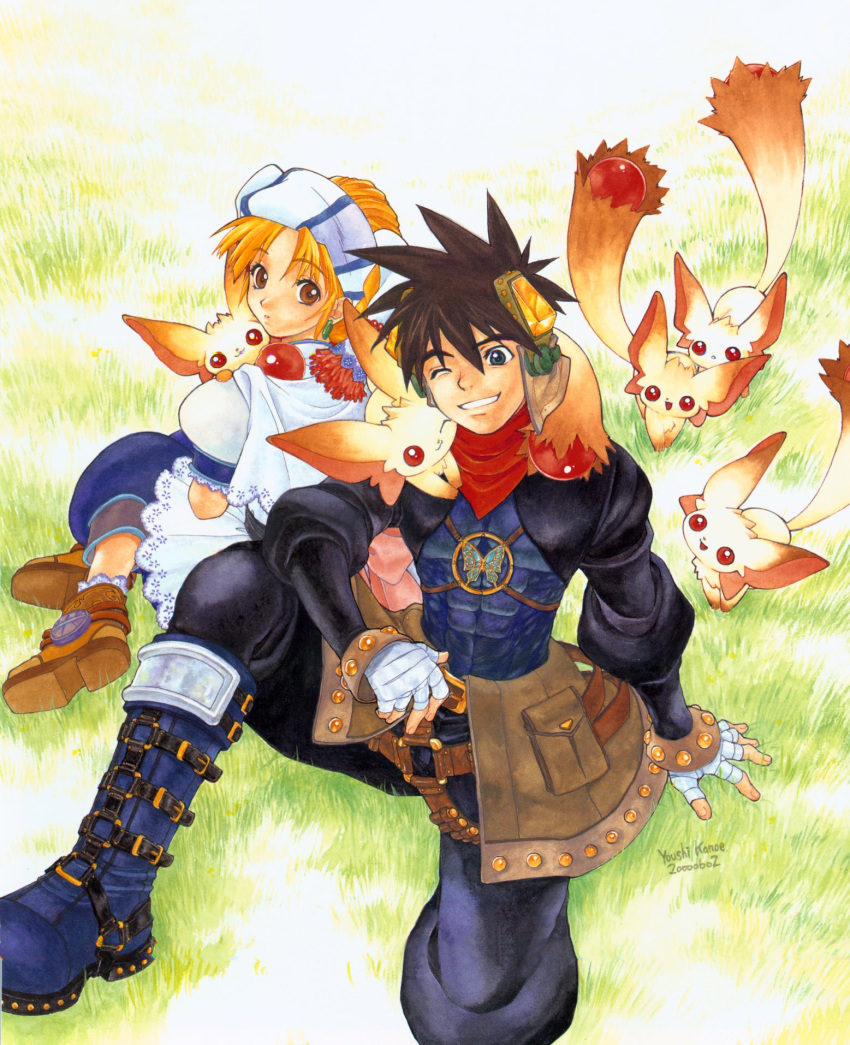 1boy abs bandages black_eyes black_hair blonde_hair blue_footwear boots brown_eyes brown_hair bug butterfly carro creature cuddling dated earrings elena_(grandia) female grandia grandia_ii grass hair_ornament head_scarf highres jewelry kanoe_youshi knee_boots looking_back official_art one_eye_closed ryudo_(grandia) scan signature sitting smile traditional_media