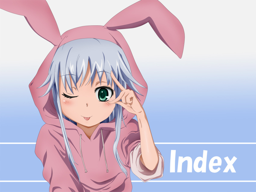 :p animal_ears blue_hair commentary_request female green_eyes highres index_(toaru_majutsu_no_index) long_hair michiomichio mikuru_beam one_eye_closed pajamas photoshop_(medium) rabbit_ears sleeves_rolled_up solo toaru_majutsu_no_index tongue tongue_out