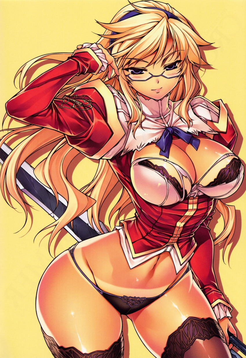 arched_back bikini_tan black_bra black_panties black_thighhighs blonde_hair blue_eyes blush bra breasts cleavage cleavage_cutout clothing_cutout cowboy_shot cross_make female freezing_(series) glasses hairband highres hip_focus large_breasts lingerie long_hair navel no_pants panties satellizer_el_bridget shirt solo soo-hyon_lee sword tan tanline_peek tanlines thighhighs torn_clothes torn_shirt underwear weapon