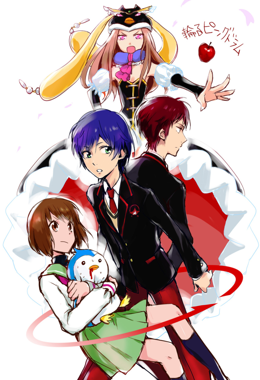 2boys 2girls :o apple bird black_socks blue_hair brown_eyes brown_hair copyright_name food frown fruit green_eyes highres igarashi_ran_(igatz) kneehighs long_hair mawaru_penguindrum multiple_boys multiple_girls necktie oginome_ringo open_mouth pants penguin penguin_1-gou princess_of_the_crystal profile purple_eyes red_hair school_uniform skirt socks takakura_himari takakura_kanba takakura_shouma