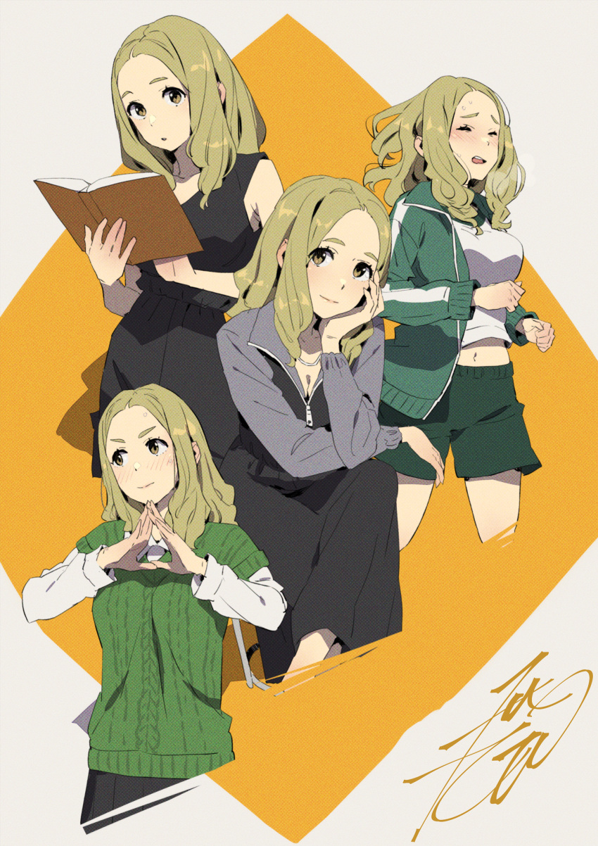 >_< black_dress black_skirt blonde_hair blush book collage crossed_legs dress exasperation female green_jacket green_shorts green_sweater grey_jacket head_on_hand highres jacket jogging kobayashi_gen looking_at_viewer open_book open_mouth school_girl_strikers shirt shorts signature simple_background sitting skirt sleeveless sleeveless_sweater sportswear sweater thick_eyebrows wavy_hair yamabuki_kaede_(school_girl_strikers) yellow_eyes