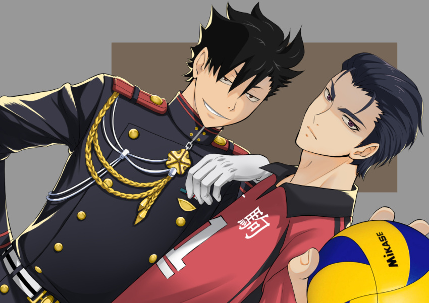 2boys black_hair brown_eyes crossover grin haikyuu!! ichinose_guren kero_sweet kuroo_tetsurou looking_at_viewer male_focus military military_uniform multiple_boys owari_no_seraph shirt short_hair simple_background smile spiked_hair uniform voice_actor_connection