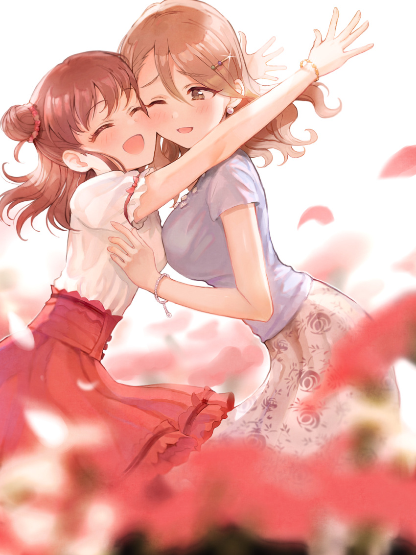 2girls ;d ^_^ ^o^ asymmetrical_docking blurry blurry_background blurry_foreground blush breast_press breasts brown_hair cheek-to-cheek closed_eyes depth_of_field earrings falling_petals frilled_sleeves frills glint hair_between_eyes hair_bun hair_ornament hairpin heads_together high-waist_skirt highres idolmaster idolmaster_cinderella_girls jewelry looking_at_another medium_breasts multiple_girls munakata_atsumi omisoshiru one_eye_closed outstretched_arms petals print_skirt protected_link single_hair_bun skirt small_breasts smile yanagi_kiyora yuri