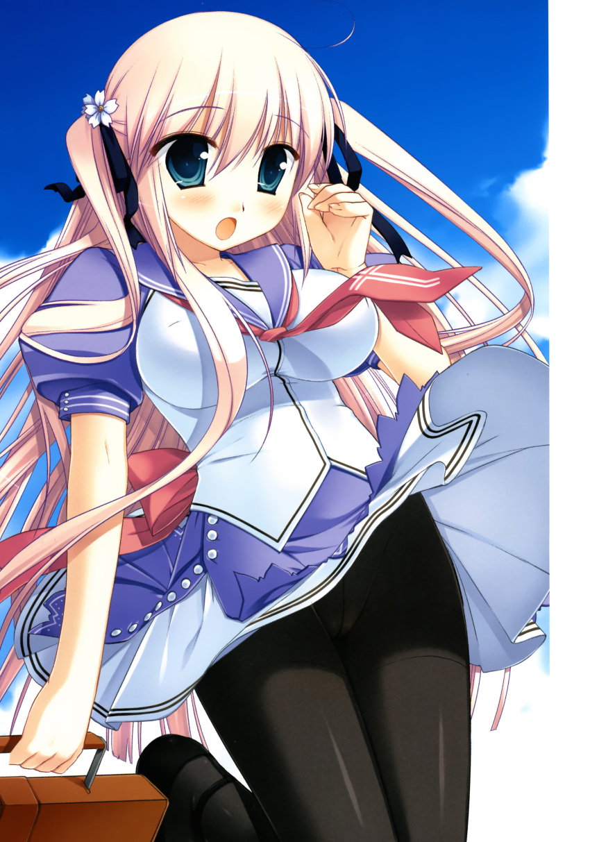 :o absurdres aqua_eyes bag blush breasts crotch_seam female highres koibito_doushi_de_suru_koto_zenbu large_breasts miyasu_risa panties panties_under_pantyhose pantyhose photoshop_(medium) pink_hair school_uniform sonoo_koo two_side_up underwear wind wind_lift