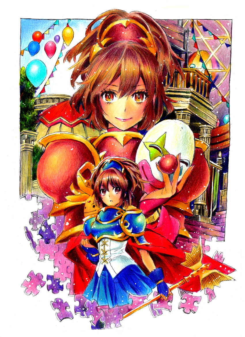 2girls absurdres alternate_color arle_nadja armor armored_dress balloon blue_skirt carbuncle_(puyopuyo) commentary_request doppelganger_arle dual_persona highres holding holding_mask madou_monogatari mask multiple_girls nobita_(makoto7060355) player_2 puyopuyo puyopuyo~n skirt traditional_media unworn_mask