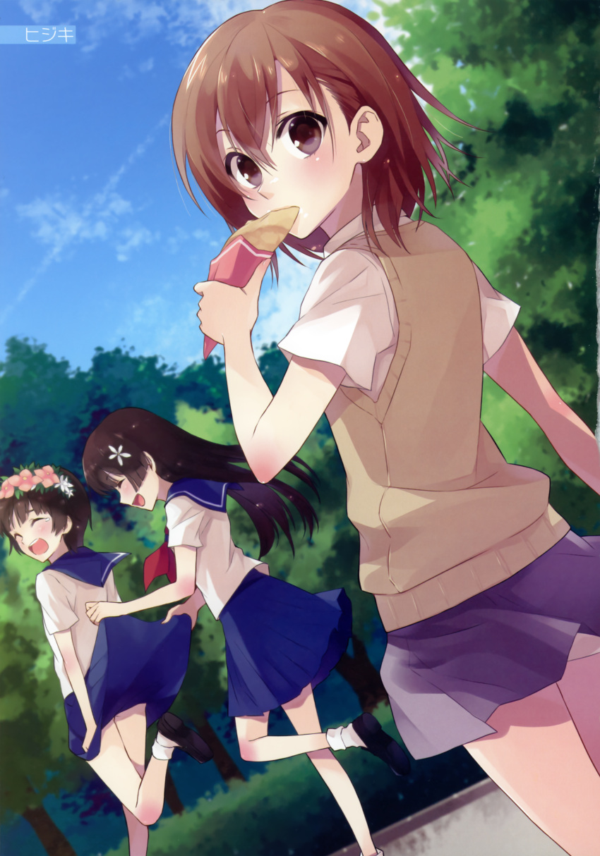 3girls :d ^_^ absurdres black_hair brown_eyes brown_hair closed_eyes clothes_lift crepe eating food head_wreath highres hijiki_(hijikini) lifting_another's_clothes long_hair misaka_mikoto multiple_girls open_mouth sakugawa_school_uniform saten_ruiko school_uniform serafuku skirt skirt_lift smile summer_uniform tears toaru_kagaku_no_railgun toaru_majutsu_no_index tokiwadai_school_uniform uiharu_kazari uniform