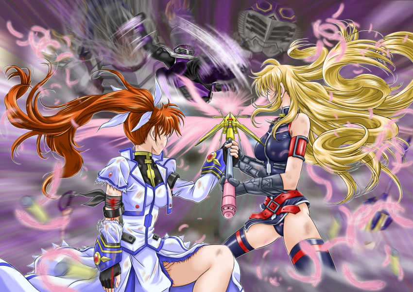 1boy 2girls arm_guards armor battle belt cartridge commentary_request crossover fate_testarossa fate_testarossa_(true_sonic_form) feathers fingerless_gloves gloves helmet highres jacket kamen_rider kamen_rider_ouja kamen_rider_ryuki_(series) kicking long_skirt lyrical_nanoha magical_girl multiple_girls open_clothes open_jacket raising_heart raising_heart_(exceed_mode) skirt takamachi_nanoha takamachi_nanoha_(exceed_mode) tarisa thighhighs torn_clothes