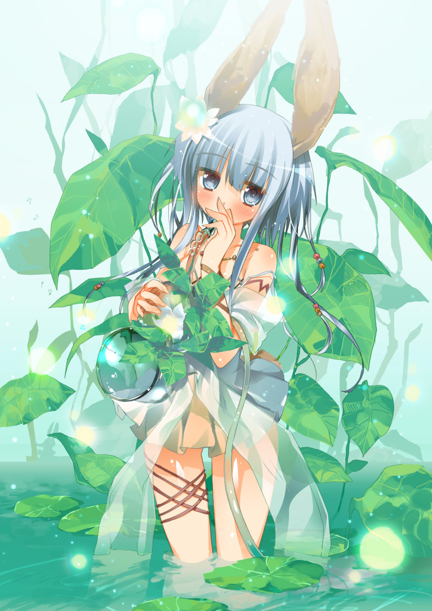 animal_ears bad_id bad_pixiv_id blue_eyes blue_hair blush female gourd highres lily_pad long_hair original rabbit_ears sodapop_(iemaki) solo standing wading water