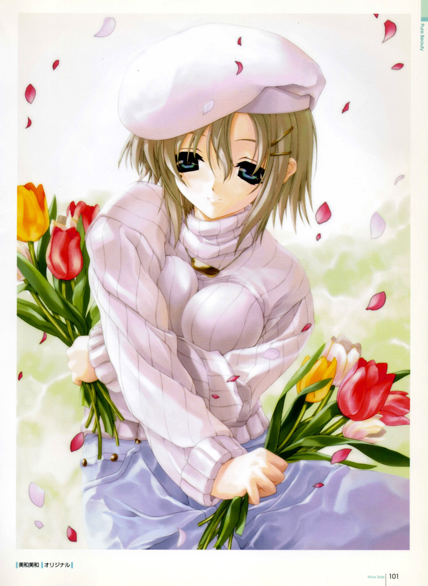 absurdres bad_link beret breasts female flower hat highres medium_breasts miwa_yoshikazu original petals short_hair sweater tulip