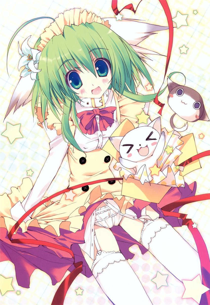 >_< :3 :d absurdres animal_ears blush closed_eyes dress feline female garter_belt green_hair greenwood highres midori_(greenwood) open_mouth original panties smile thighhighs tsurusaki_takahiro underwear xd