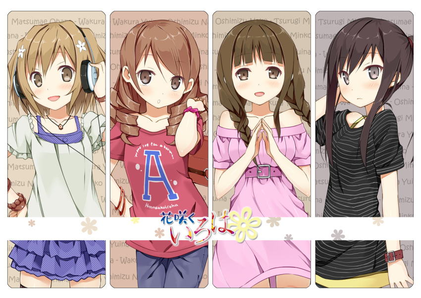 4girls :o alternate_costume bag bare_shoulders belt black_eyes black_hair blush bracelet braid brown_eyes brown_hair casual commentary_request dress drill_hair flower hair_flower hair_ornament hair_over_shoulder hanasaku_iroha hand_in_own_hair hand_on_own_hip headphones jewelry kantoku_(style) long_hair looking_at_viewer matsumae_ohana multiple_girls necklace open_mouth oshimizu_nako photoshop_(medium) short_hair sidelocks sky-freedom steepled_fingers striped tsurugi_minko twin_braids wakura_yuina