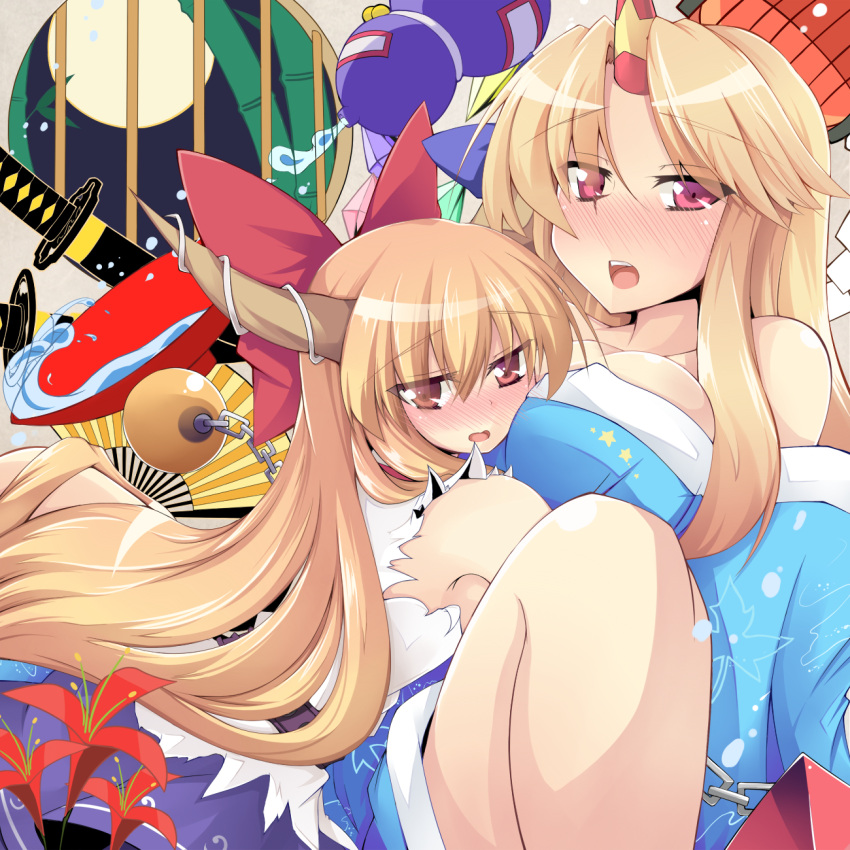 2girls bad_id bad_pixiv_id bare_shoulders blonde_hair blush bow breasts chains commentary_request cup flower folding_fan gourd hairbow hand_fan highres horn_ornament horn_ribbon horns hoshiguma_yuugi hoshiguma_yuugi_(kimono) ibuki_suika japanese_clothes kazami_chiu kimono large_breasts long_hair looking_at_viewer multiple_girls off_shoulder open_mouth pink_eyes red_eyes ribbon sakazuki scabbard setsubun sheath shirt single_horn skirt sleeveless sleeveless_shirt sword touhou weapon yuri