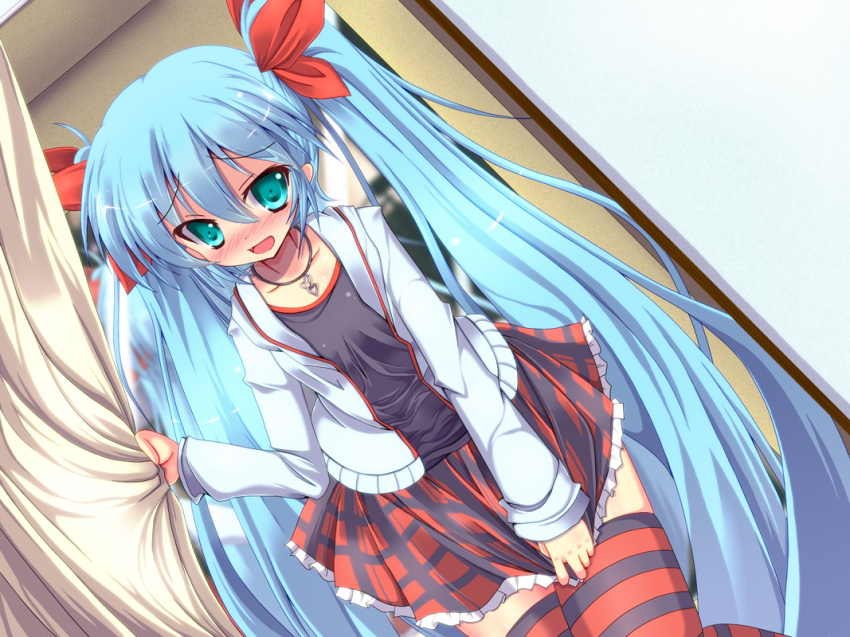 aqua_eyes blue_hair blush commentary_request curtain_grab curtains female hatsune_miku jewelry kocchi_muite_baby_(vocaloid) long_hair necklace open_mouth photoshop_(medium) project_diva_(series) project_diva_2nd rankiryuu skirt solo striped_clothes striped_thighhighs thighhighs twintails very_long_hair vocaloid