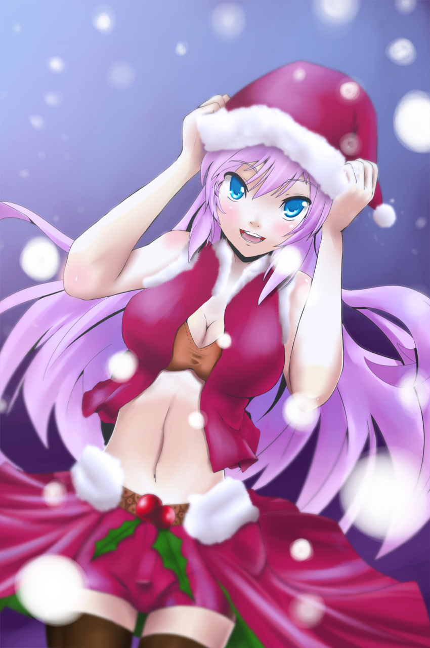 aqua_eyes blush bra breasts christmas cleavage commentary_request erusen_(des-arms) female fur_trim hat highres holly large_breasts lingerie long_hair megurine_luka midriff photoshop_(medium) pink_hair santa_costume santa_hat shorts skirt solo thighhighs underwear vocaloid