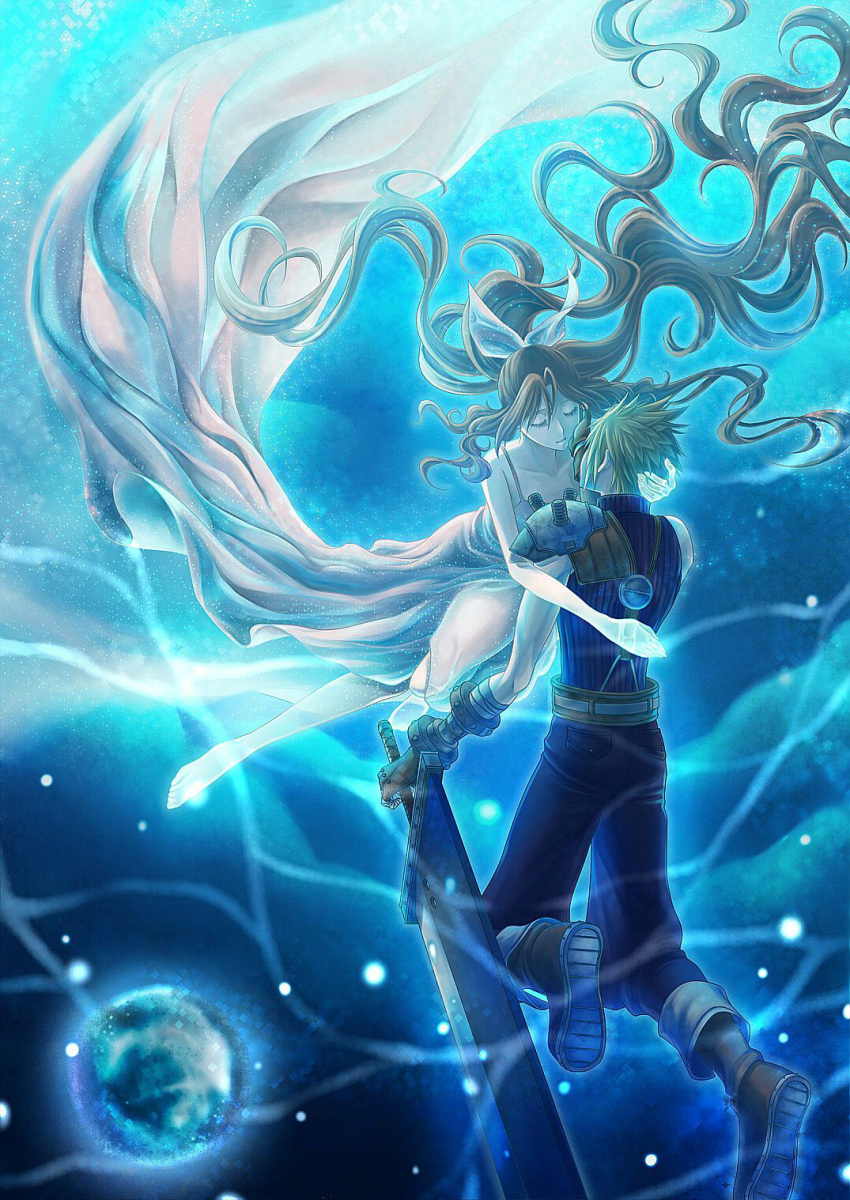 1boy aerith_gainsborough bad_id bad_pixiv_id barefoot blonde_hair blue_eyes blue_theme brown_hair buster_sword cloud_strife couple dress female final_fantasy final_fantasy_vii highres long_hair nuruhachi_(honki) pink_dress ponytail spiked_hair straight sword underwater very_long_hair weapon