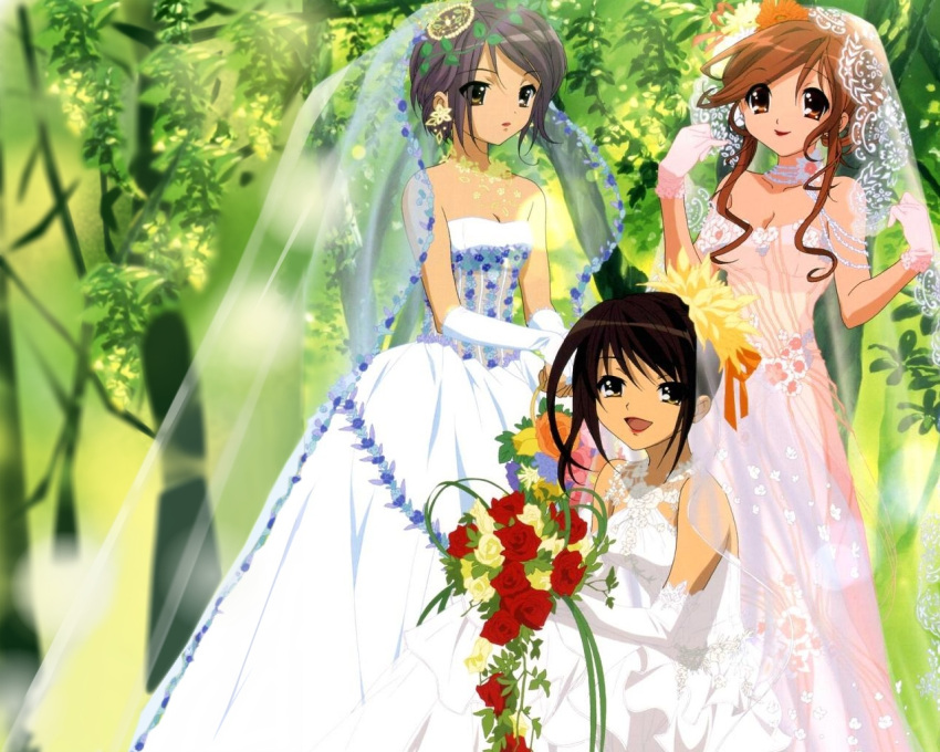 3girls :d alternate_hairstyle aratani_tomoe asahina_mikuru bare_shoulders basket black_hair blue_flower bouquet breasts bridal_veil brown_eyes brown_hair bubble_skirt choker cleavage closed_mouth collarbone day dress earrings elbow_gloves expressionless floral_print flower forest formal gloves hair_bun hair_flower hair_ornament hair_ribbon hair_up halterneck hands_up happy holding holding_basket holding_bouquet jewelry jpeg_artifacts lace lens_flare light_smile lipstick long_hair looking_at_viewer makeup medium_breasts multiple_girls nagato_yuki nature official_art official_wallpaper open_mouth orange_flower orange_ribbon outdoors pink_dress pink_flower pink_gloves pinky_out plant purple_hair red_flower red_lips red_rose ribbon rose see-through short_hair short_hair_with_long_locks sidelocks single_hair_bun skirt small_breasts smile strapless strapless_dress suzumiya_haruhi suzumiya_haruhi_no_yuuutsu swept_bangs tree veil vines wedding_dress white_dress white_flower white_gloves yellow_eyes yellow_flower yellow_rose