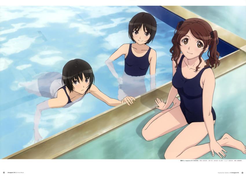 3girls absurdres amagami bare_shoulders black_hair bob_cut brown_eyes brown_hair gouda_hiroaki highres imageboard_desourced light_smile messy_hair multiple_girls nakata_sae nanasaki_ai non-web_source official_art one-piece_swimsuit pool school_swimsuit short_hair sitting swimsuit tachibana_miya wariza water