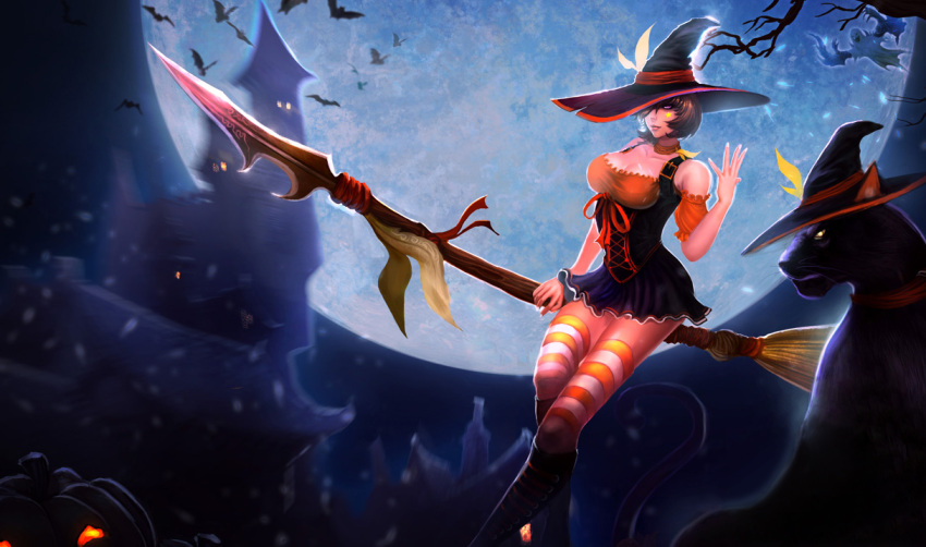 artist_request bat_(animal) bewitching_nidalee black_theme blade broom cougar_(animal) female full_moon halloween hat league_of_legends moon nidalee night official_art solo source_request star_(symbol) tattoo thighhighs witch witch_hat