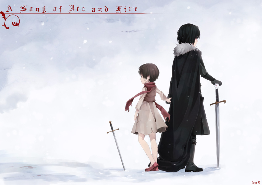 1boy a_song_of_ice_and_fire animification arya_stark black_hair brother_and_sister brown_hair commentary_request copyright_name dress female holding_hands inma jon_snow photoshop_(medium) planted planted_sword scarf short_hair siblings snow sword torn_clothes weapon