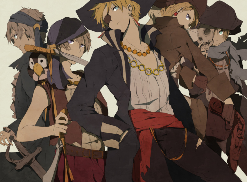 5boys animal axis_powers_hetalia bandana belt bicorne bird black_gloves blonde_hair blue_eyes commentary_request denmark_(hetalia) earrings eyepatch finland_(hetalia) frills glasses gloves grey_hair gun halloween hand_in_pocket hat head_scarf head_tilt iceland_(hetalia) jewelry long_sleeves looking_at_viewer looking_back male_focus mask motune mouth_hold multiple_boys necklace norway_(hetalia) pants pirate pirate_hat purple_eyes saber_(weapon) scarf serious sheath sheathed shirt skull skull_mask sleeveless sweden_(hetalia) sword unbuttoned weapon white_shirt