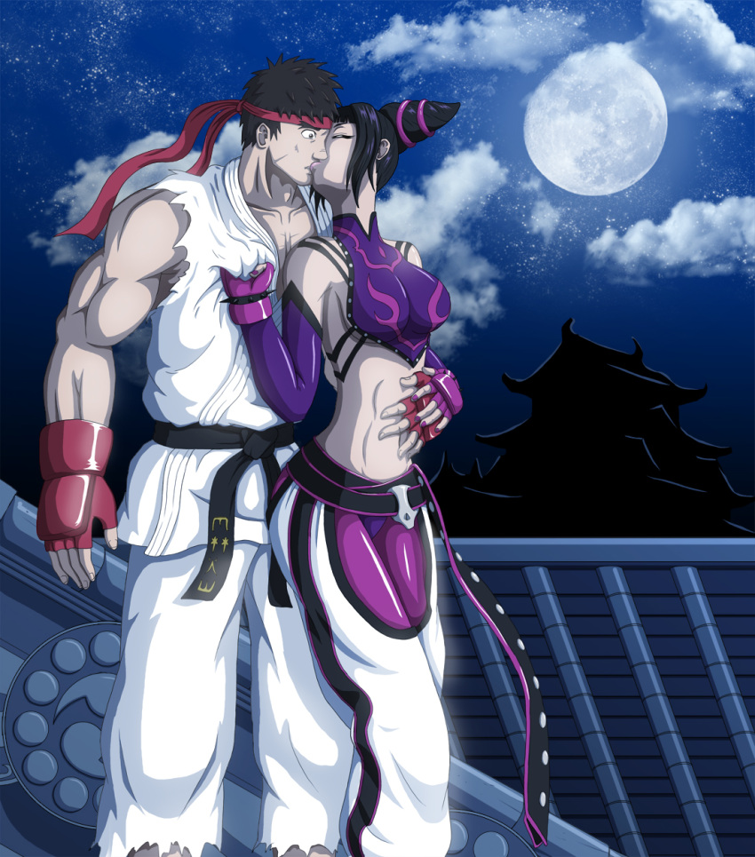 1boy capcom cloud clouds couple dougi female female fingerless_gloves gloves highres juri_han juri_han karate_gi kissing male moon muscle rooftop ryu ryuu_(street_fighter) street_fighter street_fighter_iv surprised