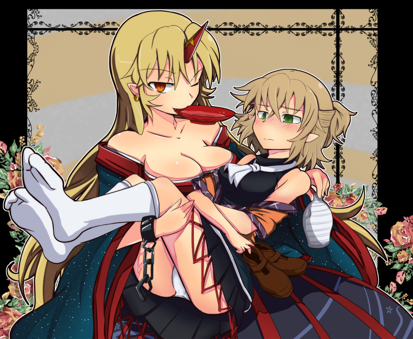 2girls alcohol alternate_costume arm_warmers bare_shoulders blonde_hair blush bottle breasts carrying cleavage commentary_request cuffs cup earrings feet green_eyes half_updo highres holding holding_shoes horns hoshiguma_yuugi hoshiguma_yuugi_(kimono) jewelry kneehighs kokoperiiche long_hair medium_breasts mizuhashi_parsee mouth_hold multiple_girls oerba_yun_fang off_shoulder one_eye_closed panties photoshop_(medium) pointy_ears princess_carry red_eyes sakazuki sake sake_bottle shackles shoes short_hair single_horn skirt slit_pupils smile socks tokkuri touhou underwear unworn_shoes white_legwear white_panties