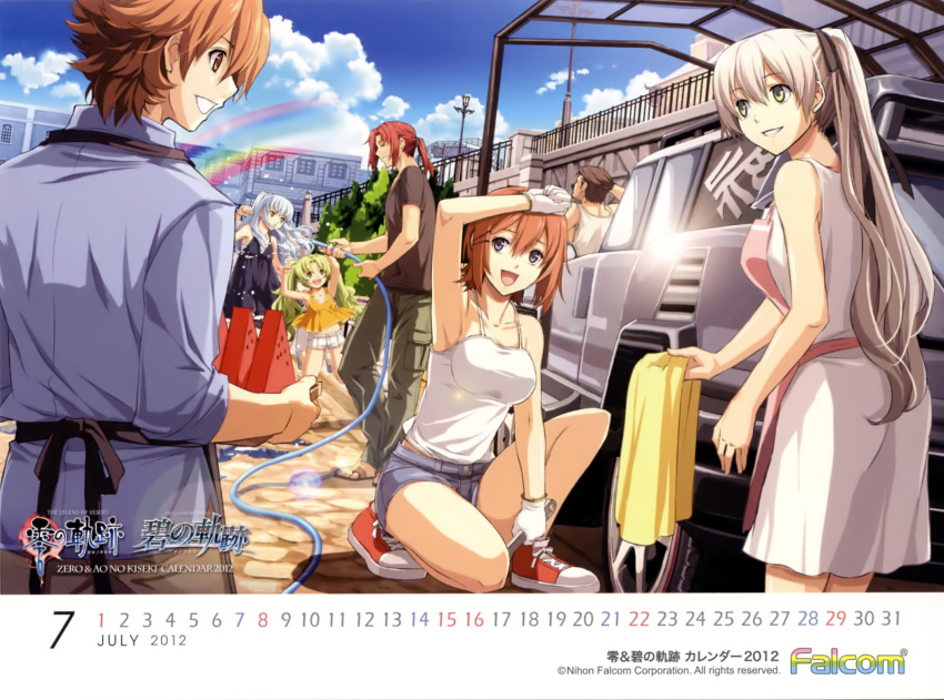 2012 3boys 4girls alternate_hairstyle ao_no_kiseki blue_hair brown_hair calendar_(medium) car cloud company_name copyright_name day eiyuu_densetsu elie_macdowell food fruit gloves green_eyes green_hair group_picture highres hose july kea_(eiyuu_densetsu) kneeling light_blue_hair lloyd_bannings long_hair motor_vehicle multiple_boys multiple_girls noel_seeker official_art official_wallpaper ponytail rainbow randolph_orlando red_hair sergei_lou shoes shorts skirt sky smile tio_plato twintails washing_vehicle watermelon white_hair wrench zero_no_kiseki