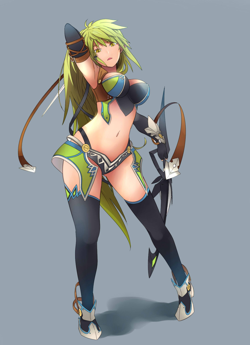 bad_id bad_pixiv_id bow_(weapon) breasts cleavage elbow_gloves elf elsword female fingerless_gloves fullluv gloves green_eyes green_hair highres large_breasts long_hair pointy_ears rena_erindel simple_background solo thighhighs trapping_ranger_(elsword) weapon