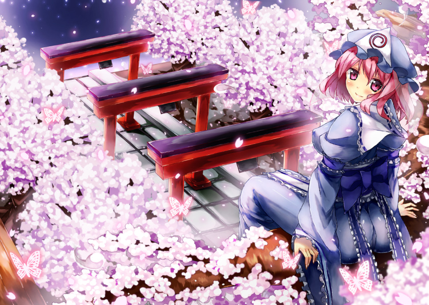 90i ass back bad_id bad_pixiv_id breasts bug butterfly cherry_blossoms female ghost hat hitodama in_tree japanese_clothes looking_back medium_breasts obi petals photoshop_(medium) pink_eyes pink_hair ribbon saigyouji_yuyuko sash short_hair sitting sitting_in_tree smile solo torii touhou tree triangular_headpiece