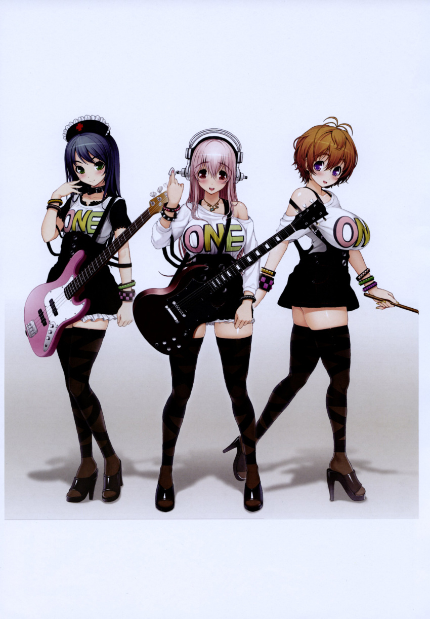 3girls absurdres ankle_lace-up antenna_hair axanael bare_shoulders black_hair blush breasts brown_hair cross-laced_footwear electric_guitar eyebrows fujimi_suzu green_eyes guitar headphones high_heels highres huge_breasts instrument large_breasts long_hair looking_at_viewer miniskirt multiple_girls nitroplus official_art open_mouth photoshop_(medium) pink_hair purple_eyes red_eyes shoes short_hair simple_background skirt smile super_sonico thighhighs thighs tsuji_santa watanuki_fuuri