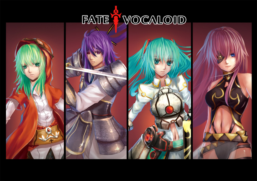 1boy 3girls aqua_eyes aqua_hair armor armored_dress artoria_pendragon_(fate) blue_eyes breasts column_lineup commentary cosplay dress eyepatch fate_(series) green_eyes green_hair gumi hatsune_miku hood japanese_armor kamui_gakupo katana long_hair medium_breasts megurine_luka multiple_girls musyne_xsk navel parody photoshop_(medium) pink_hair ponytail puffy_sleeves purple_eyes purple_hair saber_(fate) saber_(fate)_(cosplay) shoulder_armor small_breasts sode sword vocaloid weapon