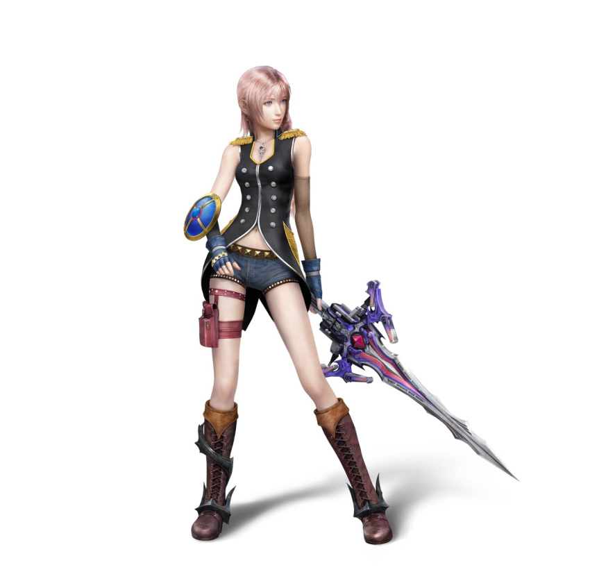 artist_request bare_shoulders blue_eyes boots cross-laced_footwear epaulettes final_fantasy final_fantasy_xiii fingerless_gloves gloves highres jewelry lips navel necklace pink_hair serah_farron short_shorts shorts sleeveless solo sword thigh_strap weapon