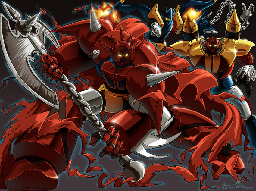 axe cape collaboration getter_dragon getter_liger getter_poseidon getter_robo getter_robo_g glowing glowing_eyes mecha no_humans omni-existence photoshop_(medium) rex-203 robot weapon