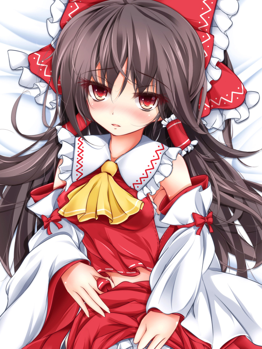 artistic_error ascot bare_shoulders black_hair blush bow commentary_request detached_sleeves female furaido hair_tubes hairbow hakurei_reimu highres long_hair md5_mismatch photoshop_(medium) red_bow red_eyes solo touhou