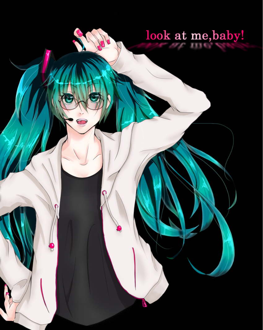 akari_black_v099d aqua_eyes aqua_hair bad_id bad_pixiv_id bespectacled female glasses hatsune_miku highres hood hoodie kocchi_muite_baby_(vocaloid) long_hair nail_polish photoshop_(medium) project_diva_(series) project_diva_2nd solo twintails vocaloid