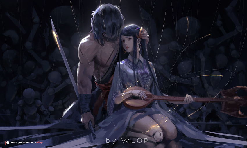 1boy bandaged_arm bandages black_hair cello closed_mouth commentary doll_joints dungeon_and_fighter earrings english_commentary female hair_over_eyes highres holding holding_instrument holding_sword holding_weapon hoop_earrings instrument iris_fortune_singer japanese_clothes jewelry joints kimono kneeling lips long_hair long_sleeves marionette music patreon_logo patreon_username playing_instrument puppet puppet_strings red_eyes red_lips reverse_grip seiza siran sitting sword topless_male weapon wlop