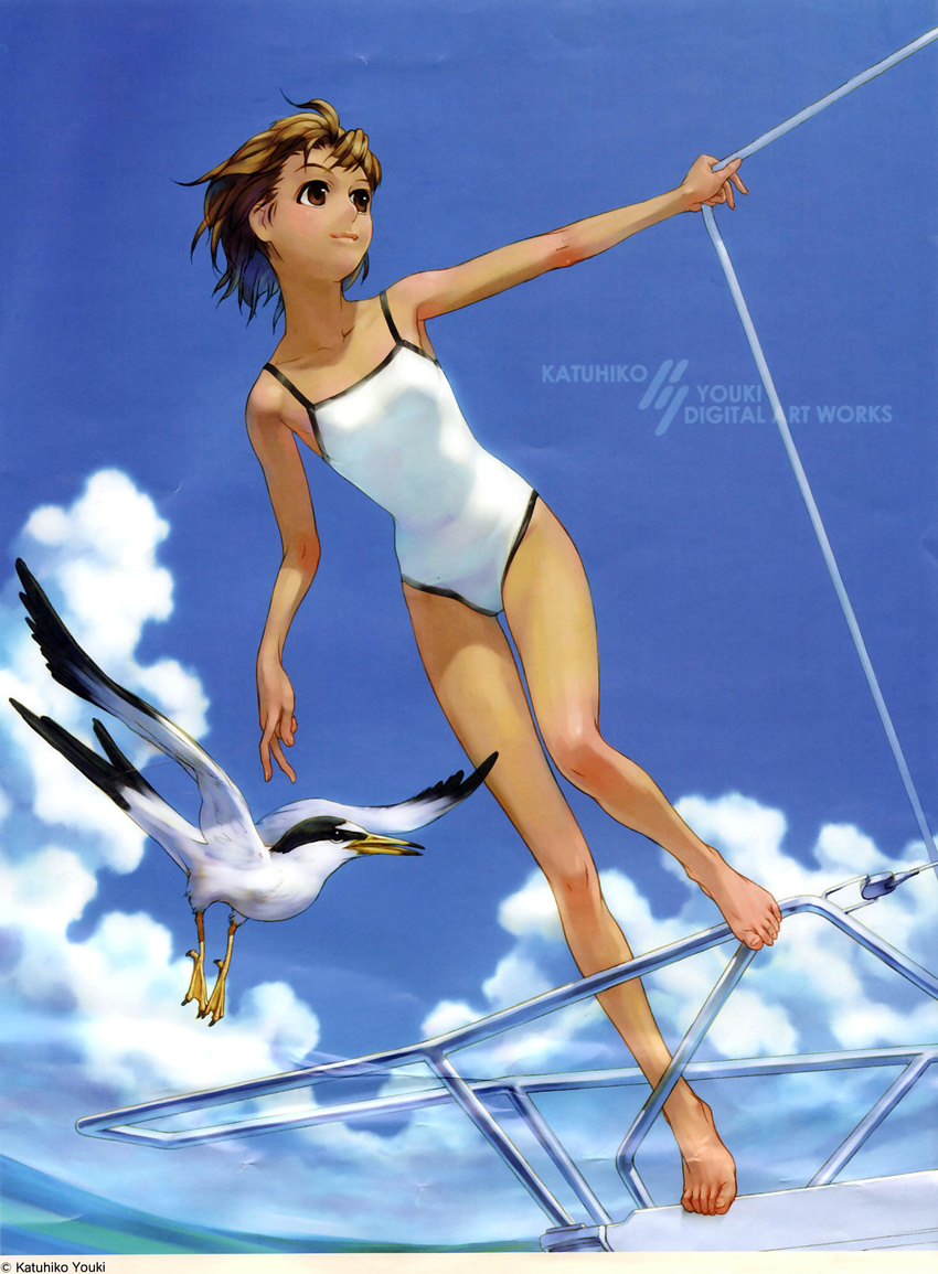 barefoot bird brown_eyes brown_hair cloud copyright_request day female highres one-piece_swimsuit photoshop_(medium) short_hair sky solo swimsuit yuuki_katsuhiko