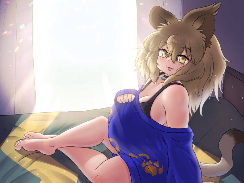 4:3 :3 animal_humanoid bed big_breasts blonde_hair bra_straps breasts choker clothed clothing curtains dipstick_tail fangs felid felid_humanoid female furniture hair hi_res huge_breasts humanoid jewelry kemono_friends lion_(kemono_friends) lion_humanoid long_hair mammal mammal_humanoid markings mo23 necklace on_bed open_mouth oversized_clothing pantherine pantherine_humanoid pillow plantigrade solo tail tail_markings teeth yellow_eyes