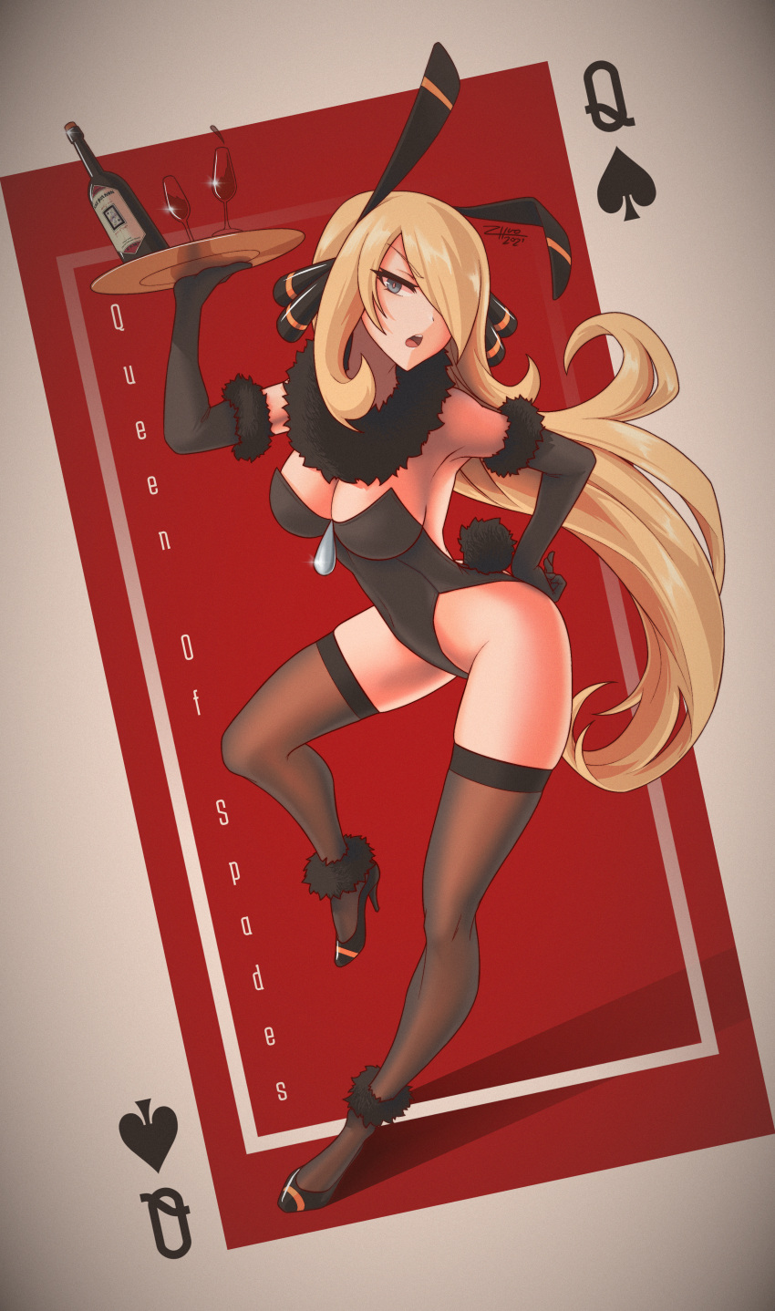 absurdres alcohol animal_ears black_leotard black_thighhighs blonde_hair bottle breasts card cleavage commission cup cynthia_(pokemon) drinking_glass fake_animal_ears female full_body fur_trim gimp_(medium) hair_over_one_eye half-closed_eyes hand_on_own_hip high_heels highres holding holding_tray leotard long_hair medium_breasts open_mouth playboy_bunny playing_card playing_card_theme pokemon pokemon_dppt queen_(playing_card) queen_of_spades rabbit_ears rabbit_tail solo spade_(shape) tail thighhighs tray wine wine_bottle wine_glass zhvo