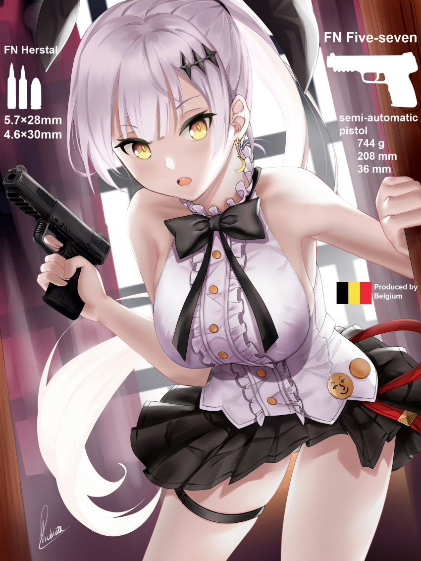 animal_ears artist_name bare_shoulders belgian_flag black_bow black_bowtie black_skirt bow bowtie breasts crescent crescent_earrings earrings english_text female five-seven_(girls'_frontline) fn_five-seven girls'_frontline gun hair_ornament hair_ribbon hairclip handgun highres holding holding_gun holding_weapon jewelry long_hair looking_at_viewer medium_breasts open_mouth piukute062 rabbit_ears ribbon shirt simple_background skirt solo weapon white_hair white_shirt yellow_eyes