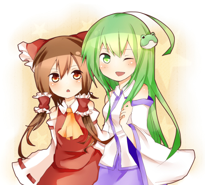 2girls ahoge ascot bow brown_eyes brown_hair commentary_request detached_sleeves frog_hair_ornament green_eyes green_hair hair_ornament hair_tubes hairbow hakurei_reimu kochiya_sanae multiple_girls tosura-ayato touhou