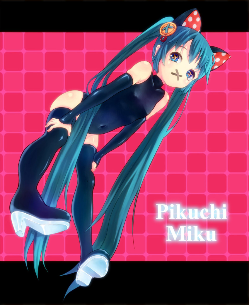 :x animal_ears aqua_eyes aqua_hair boots buttons cat_ears character_name commentary_request detached_sleeves female hair_ornament hantoumei_namako hatsune_miku high_heels highres leotard letterboxed long_hair navel pigeon-toed shoes solo symbol-shaped_pupils thigh_boots thighhighs twintails very_long_hair vocaloid