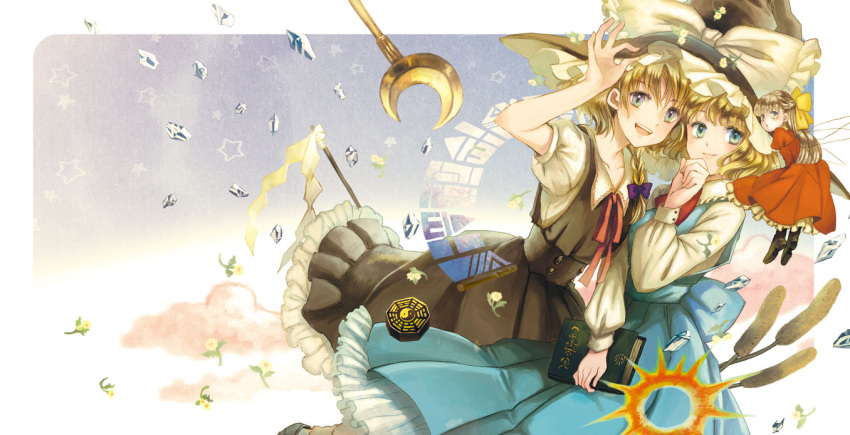 2girls alice_margatroid blonde_hair blue_eyes bow braid cattail commentary_request flower gohei hat hat_bow kirisame_marisa long_hair mini-hakkero multiple_girls open_mouth plant ribbon scroll shanghai_doll short_hair single_braid smile staff star_(symbol) sugi touhou wings witch_hat