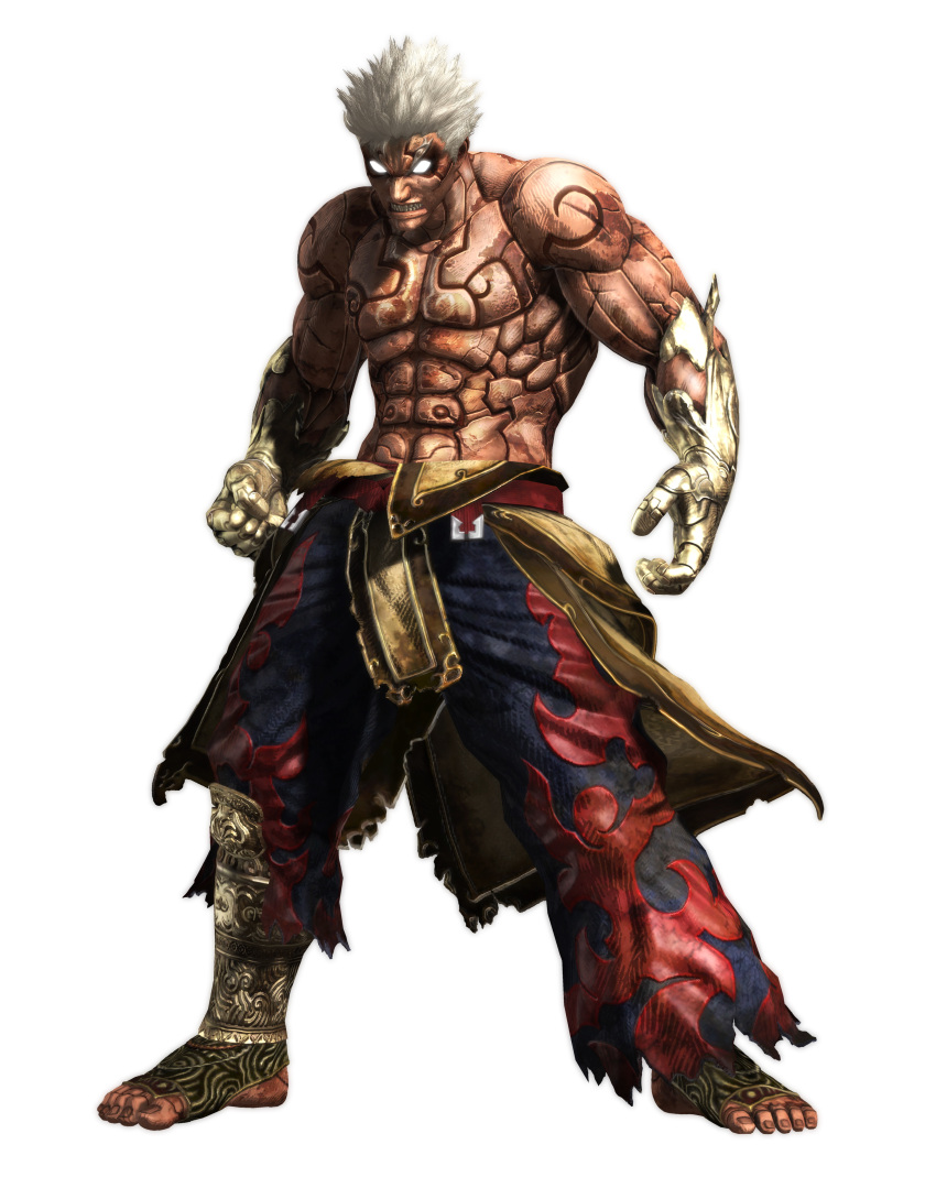 1boy absurdres angry asura's_wrath asura_(asura's_wrath) capcom cyber_connect_2 glowing glowing_eyes gold highres male_focus manly muscle red white_eyes white_hair