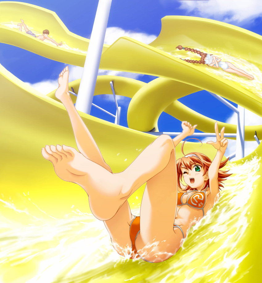 1boy 2girls absurdres ahoge armpits barefoot bikini braid cloud feet glasses green_eyes highres legs legs_up looking_at_viewer midriff multiple_girls muvluv muvluv_altered_fable navel open_mouth orange_hair sakaki_chizuru shirogane_takeru short_hair sky smile soles suzumiya_akane swimsuit toes topless twin_braids v water water_slide waterslide wink